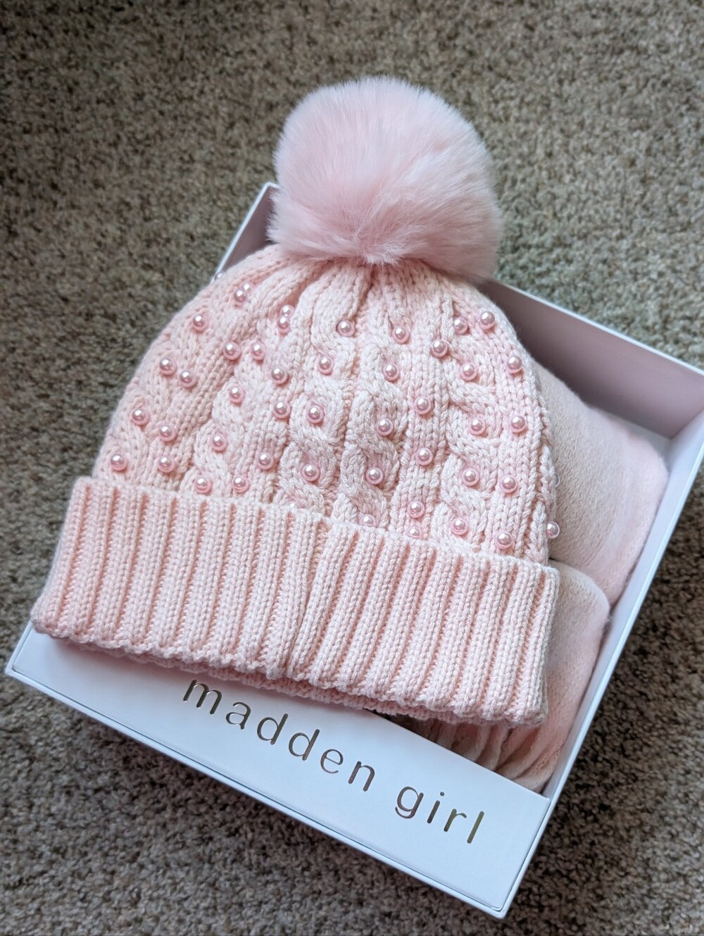 Madden Girl Pearl Cable Knit Beanie & Fringe Scarf Gift Set - Pink